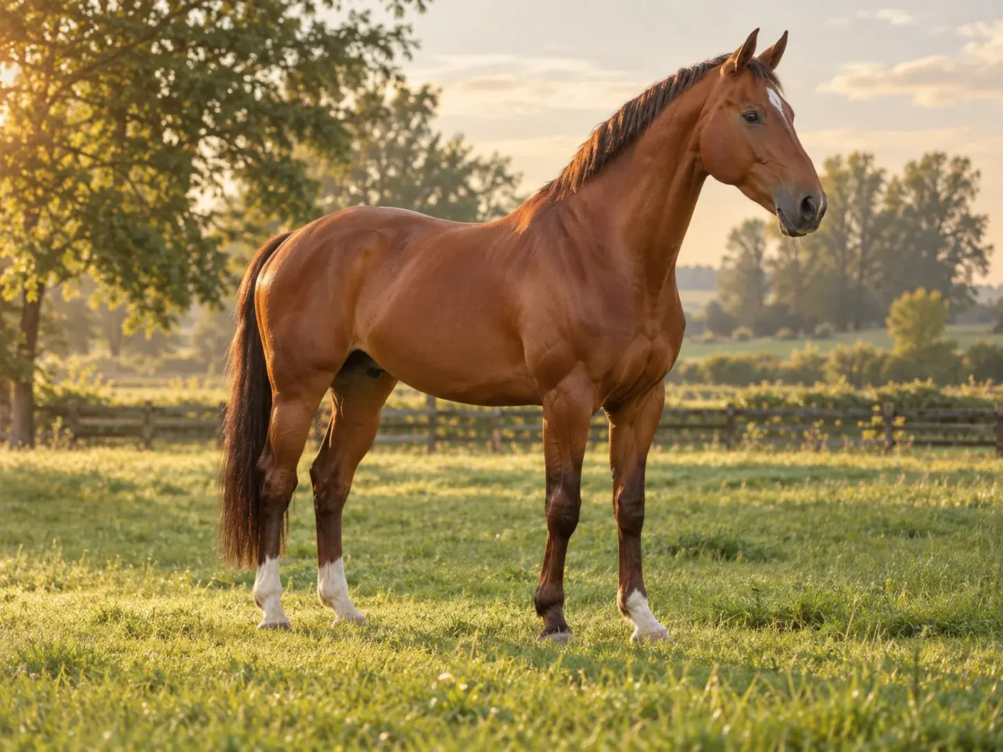 Een voskleurig paard in een groene paddock in het warme avondlicht.