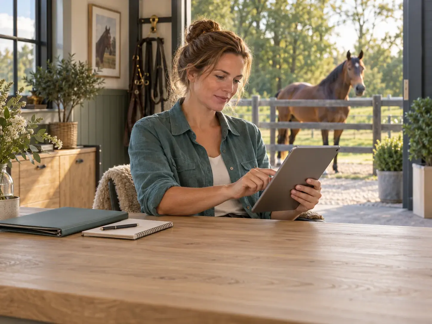 Een staleigenaar werkt op een tablet, met een paard op de achtergrond.