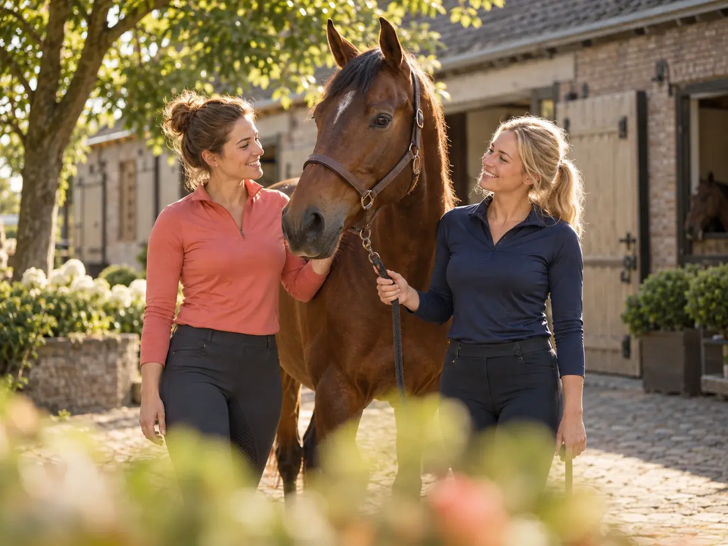 Twee stalgenoten met hun paard op een zonnig stalplein.